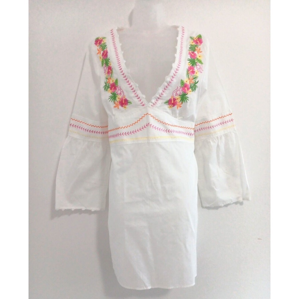 NEW Boho Tunic Mini Dress Womens XL White Cotton Pink Embroidery DEEP V Beachy - Picture 2 of 13